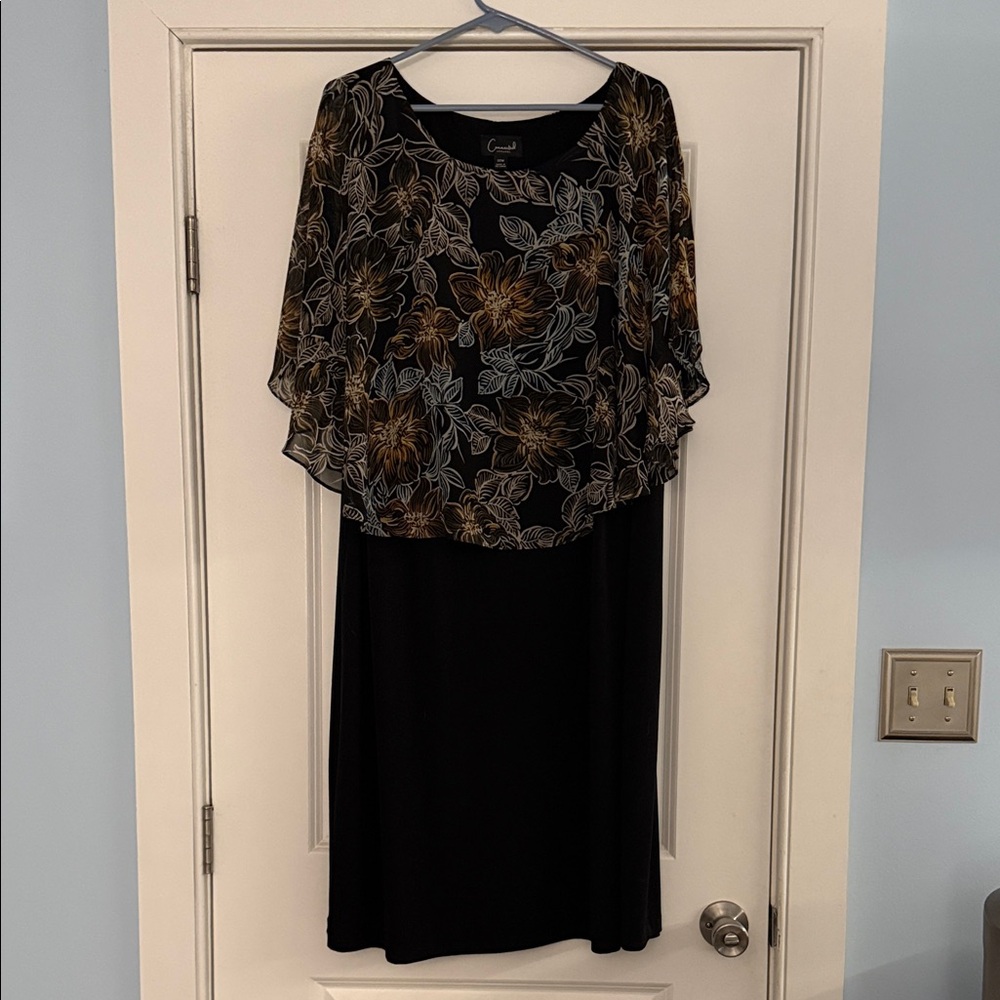 connected apparel Black Midi Dress with Gold & Gray Floral Overlay
